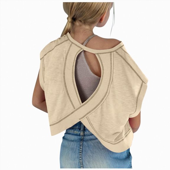 Girl Athletic Shirt Solid Color Short Sleeve Workout Top with Open Back for Gymnastics Beige 5-6 Years