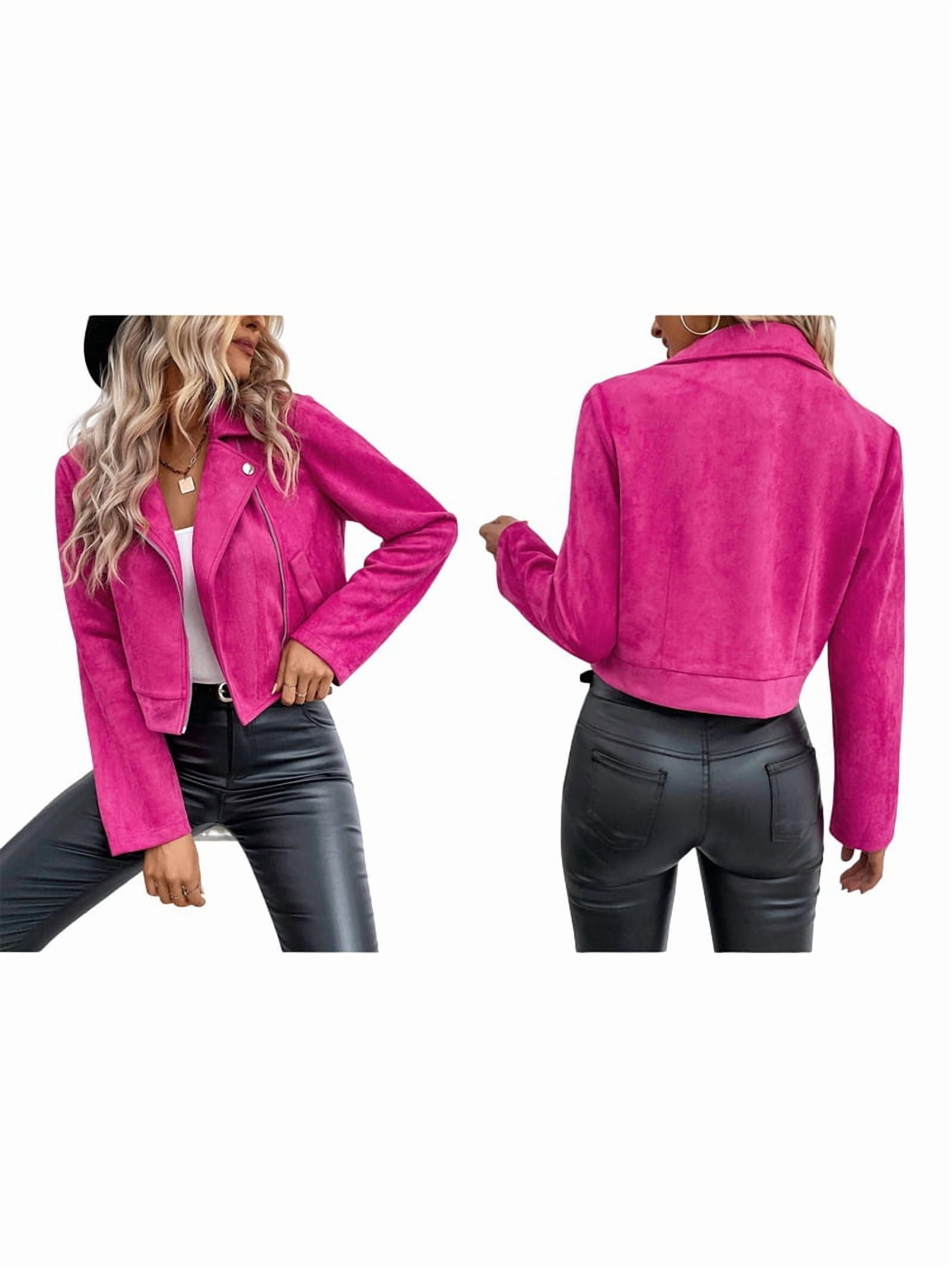 Women'S Cropped Zipper Long Sleeve Suede Faux Leather Blazer Jacket Autumn Fashion Outerwear Rose Red XL
