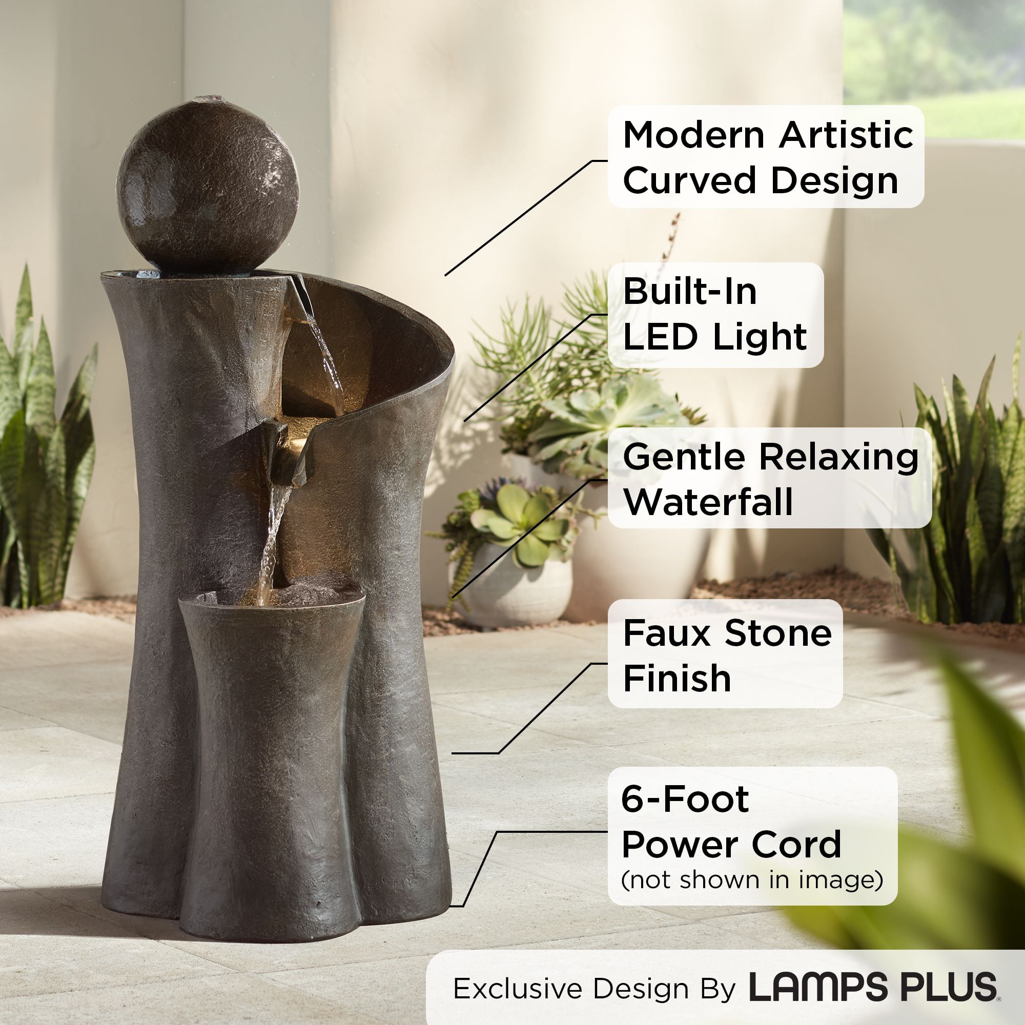 Sphere Curve 39 1/2" High Large Modern Zen Indoor Outdoor Decor Faux Stone Floor Fountain with Light LED