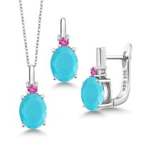 Gem Stone King 4.65 Ct Green Turquoise Pink Created Sapphire 925 Sterling Silver Pendant and Earrings Jewelry Set