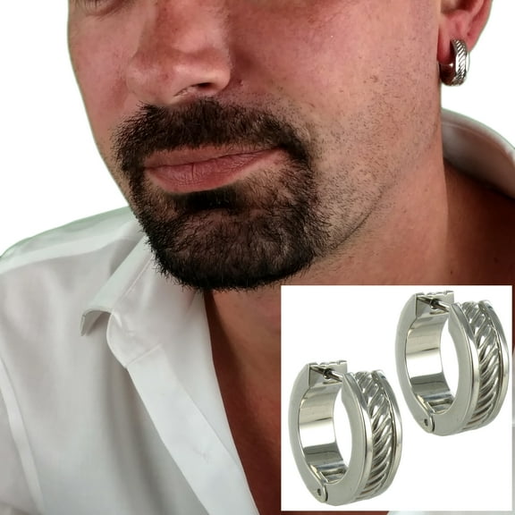 Hoop Earrings Stainless Steel Heavy Cable Design Mens Adult Male