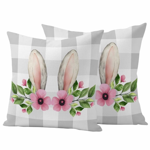 Grey Plaid Easter Outdoor Waterproof Pillow Covers, Checkered Summer Spring Floral Decorative Square Throw Pillowcase Sofa Cushion Sham for Patio/Couch/Chair, 16"x16" 2 Pack