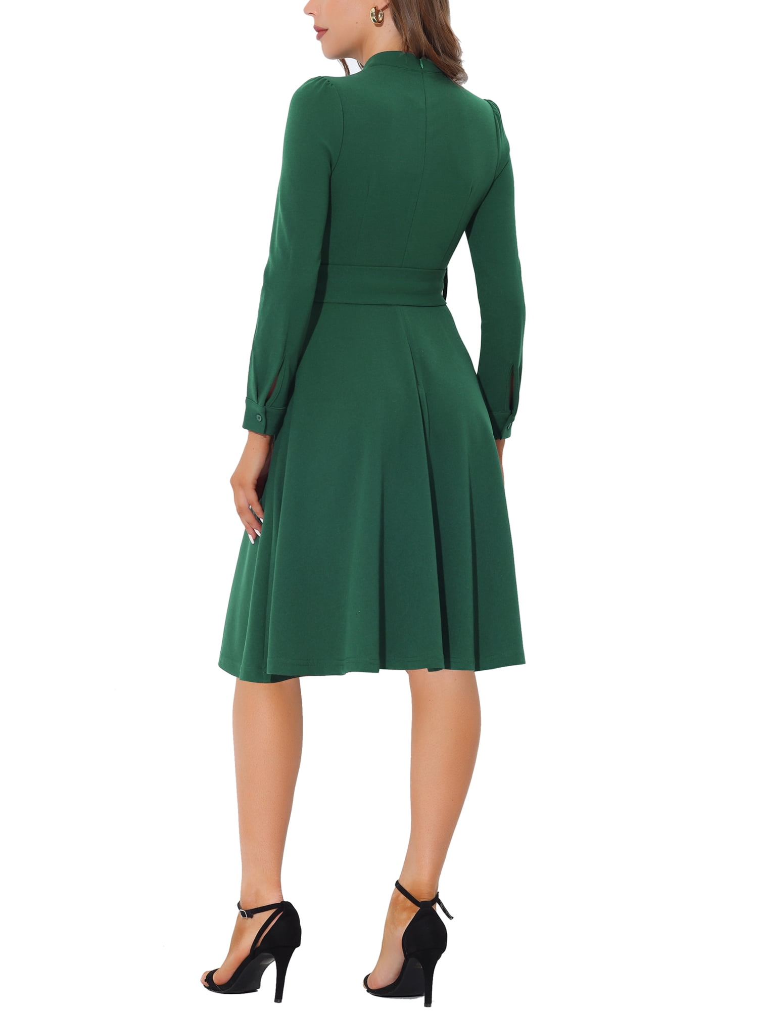 Unique Bargains Juniors Elegant Mock Neck Long Sleeve Self Tie Waist Knit Midi Dress M Green