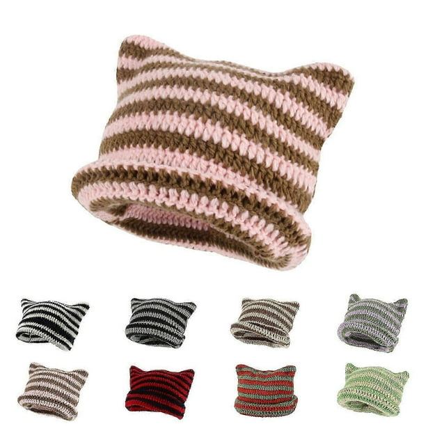 Adult Beanie Striped Knitted Cat Ear Hat Winter Warm Ski Cap Harajuku Punk Hats