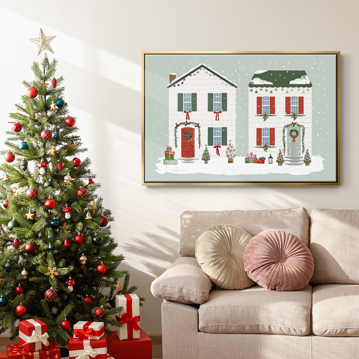 Festive Front Door Collection A - Framed Gallery Wrapped Holiday Canvas - 25 x 37 - Gold Frame