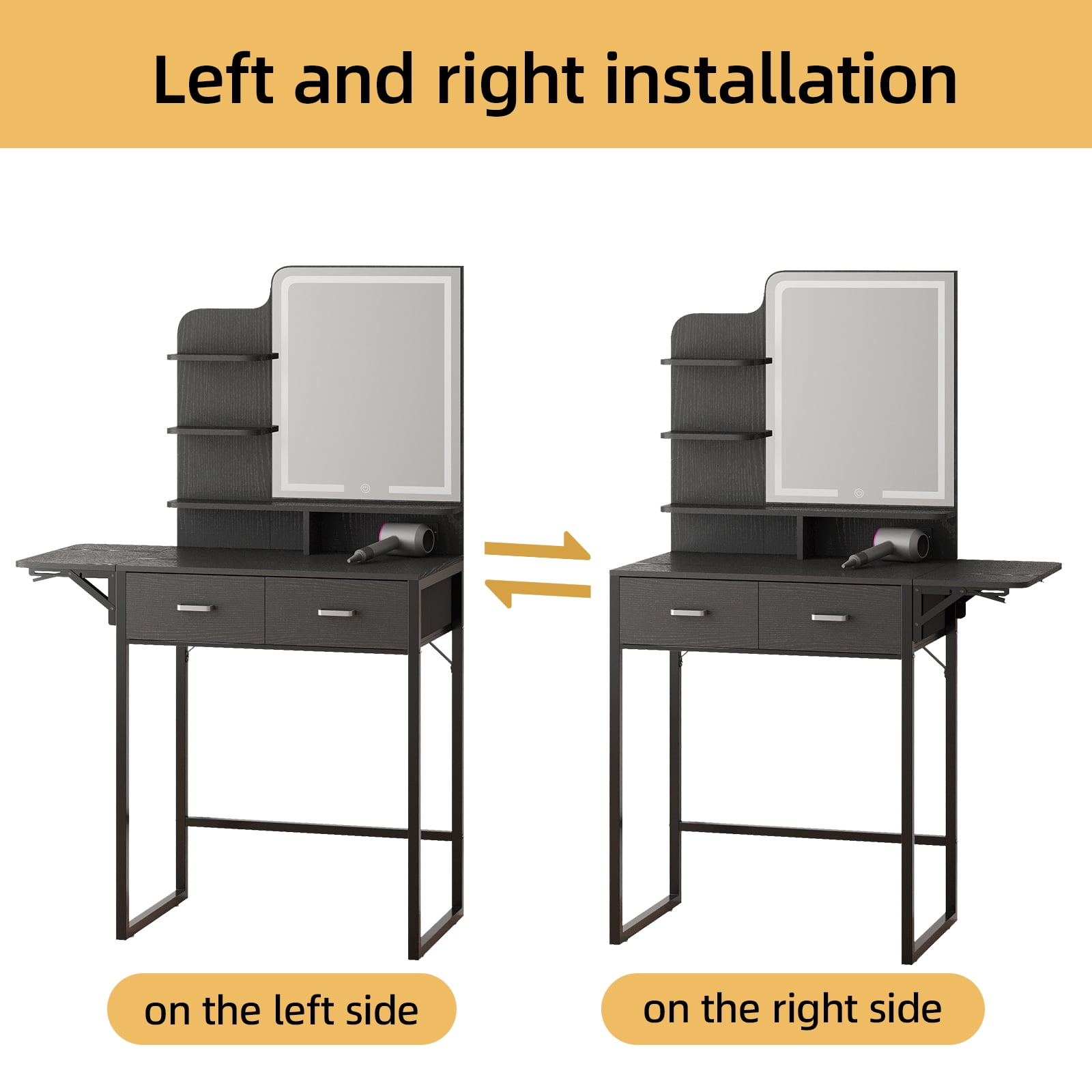 Fairy Makeup Vanity Desk with Mirror, Lights, Power Outlet, Chair & Storage Drawer, Black