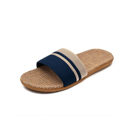 

Daeful Women Men Flat Sandals Summer Slides Beach Slide Sandal Indoor Outdoor Casual Cross Strap Linen Shoes Blue B 5-5.5