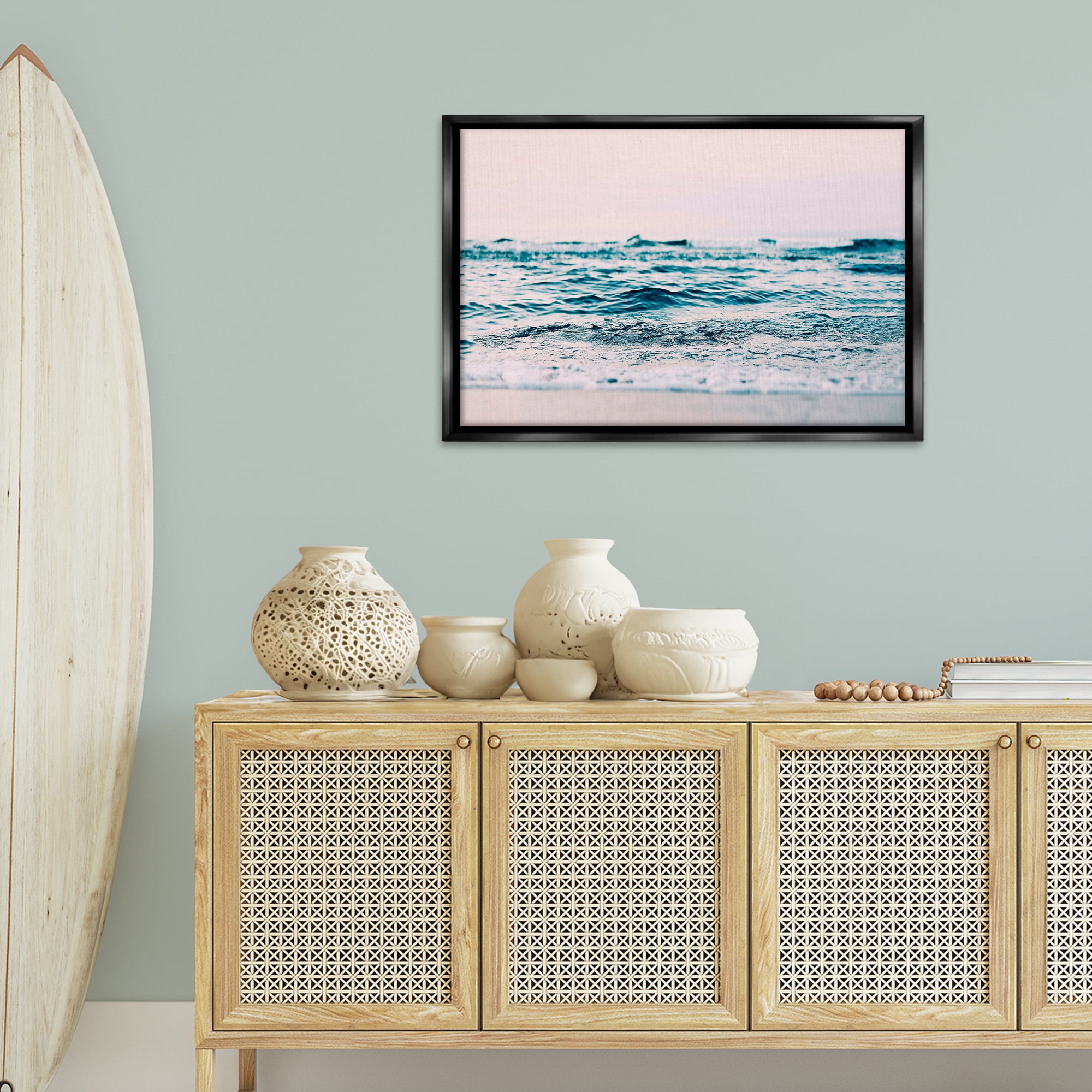 Stupell Industries Ocean Wave Blush Nautical & Beach Photography Black Floater Framed Canvas Art Print Wall Art, 31 x 21