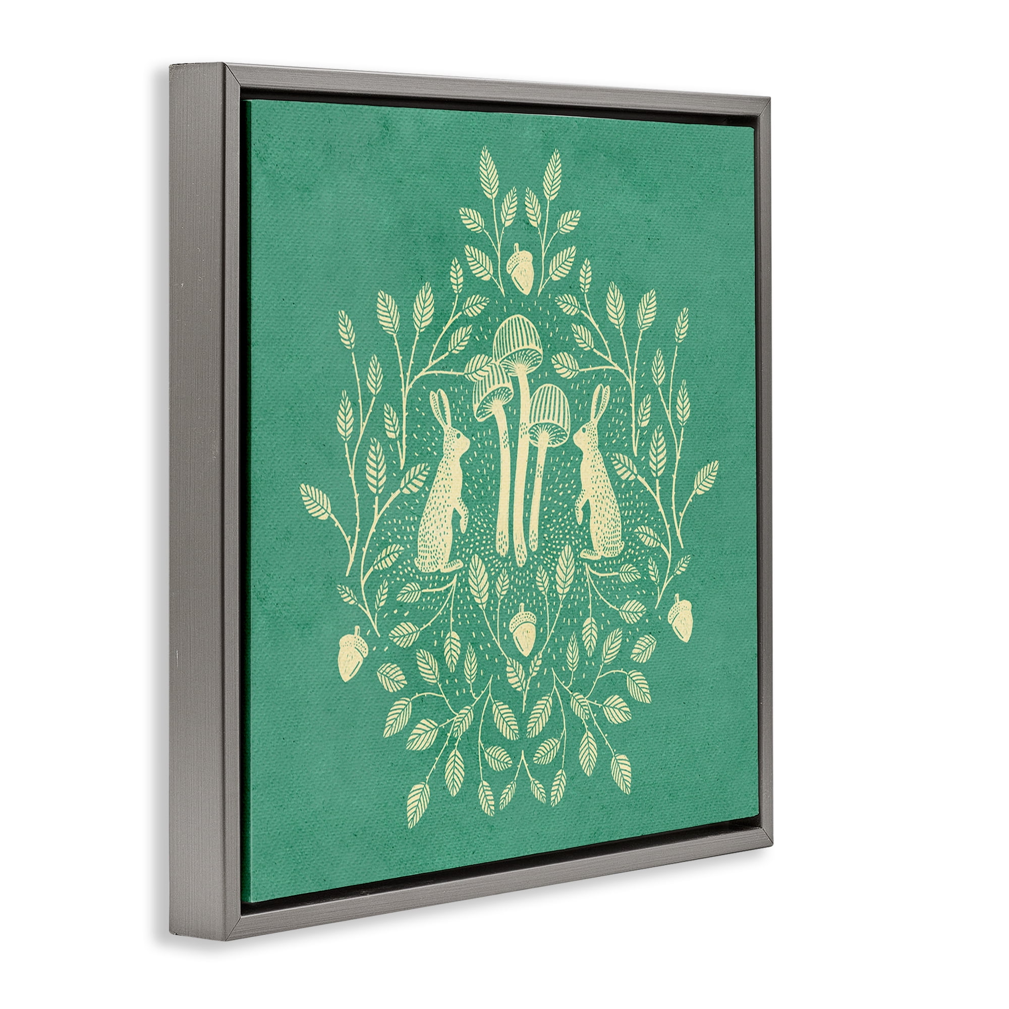 Stupell Industries Turquoise Botanical Rabbits Plants & Flowers Painting Gray Floater Framed Canvas Art Print Wall Art, 25 x 25