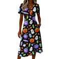 thumbnail image 4 of Women's Halloween Theme Costume Dress 2026 V Neck Short Sleeve Wrap Midi Dress Halloween Print Dress Fall Halloween Night Outfits, 4 of 5