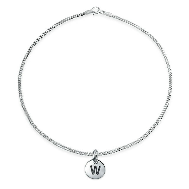 Tiny Minimalist ABC Round Disc Block Letter Alphabet W Initial Anklet for Teen for Women .925 Sterling Silver 10 Inch