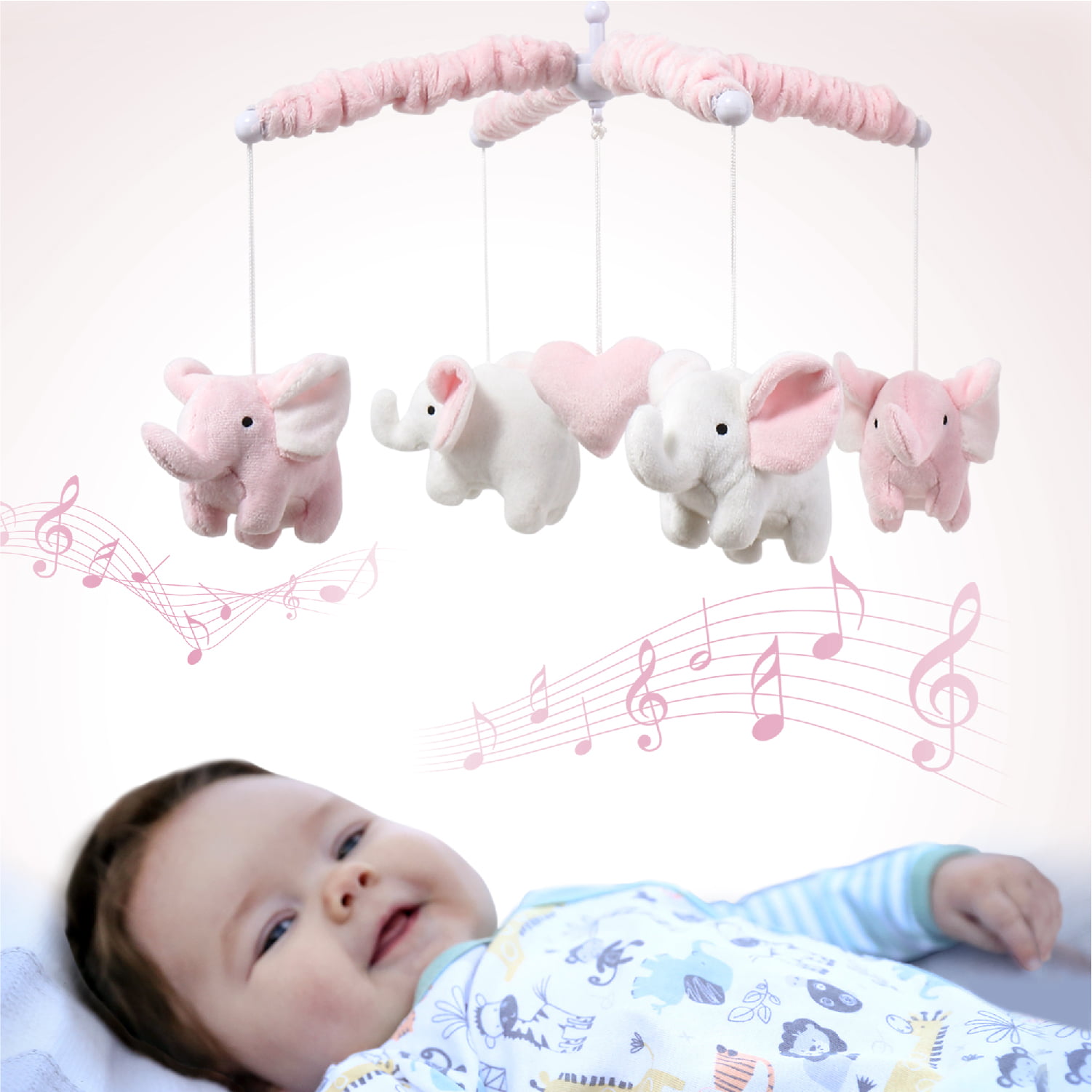 Elephant Baby Mobile for Crib Girls Digital Music Box with 15 lullabies Nursery Mobile for Pink Elephant Décor EVERLOVE Elephant Musical Crib Mobile for Baby Girls 