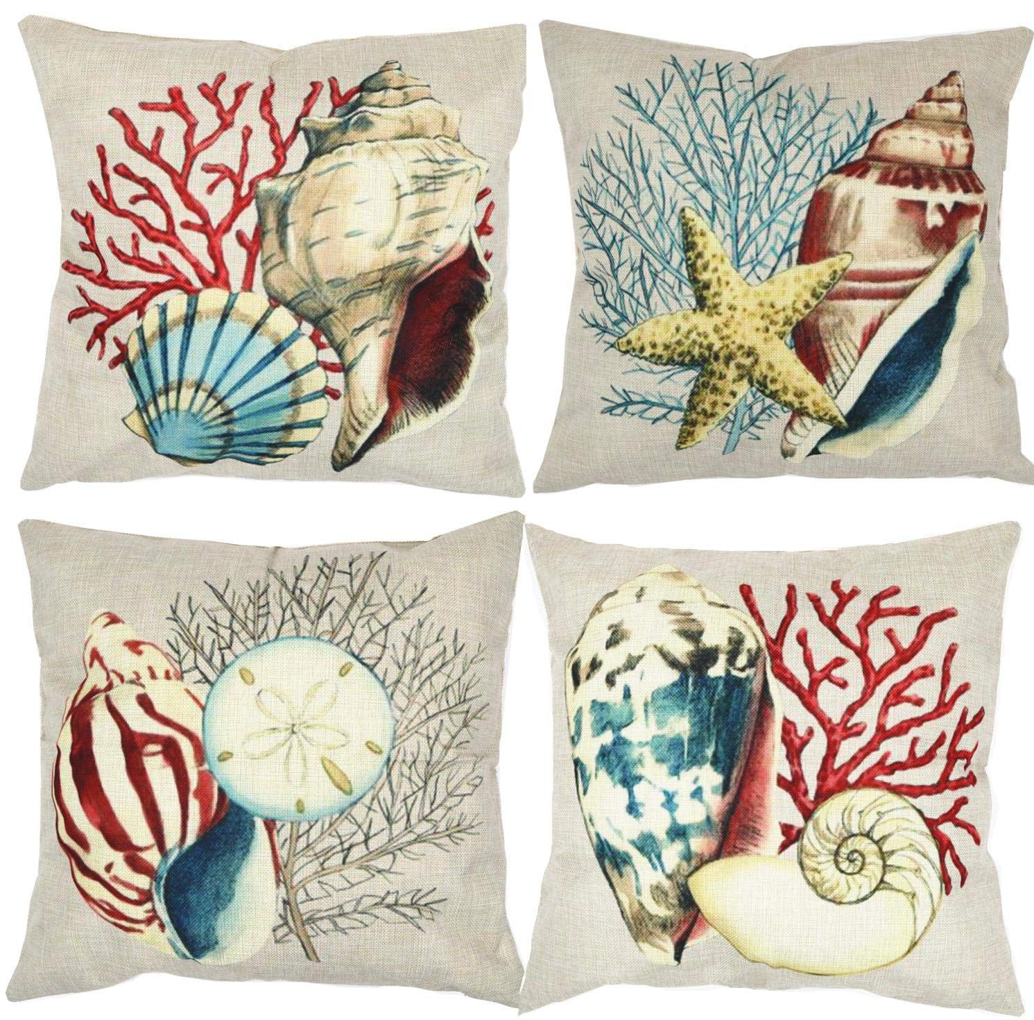 White shells and coral branches on navy cotton linen blend 18 pillow