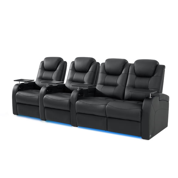 comfiroom Home Theater Seating Simple Style Top Grain Leather Loveseat Recliner Chair Dual Power Movie Theater Chairs Gaming Sofa Electric Headrest with Tray Table (Black, Row of 4 Loveseat Right)