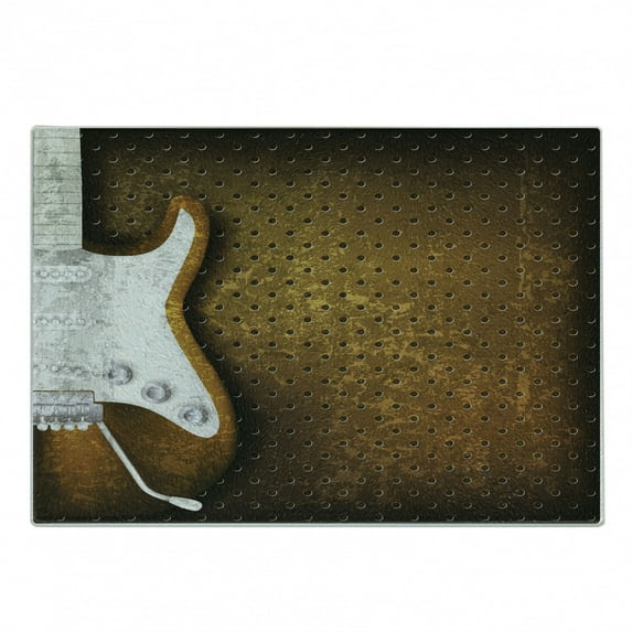 Rock Music Cutting Board, Abstract Dotted Background Electric Guitar Musical Instrument Design Rock, Decorative Tempered Glass Cutting and Serving Board, Small Size, White Caramel, by Ambesonne