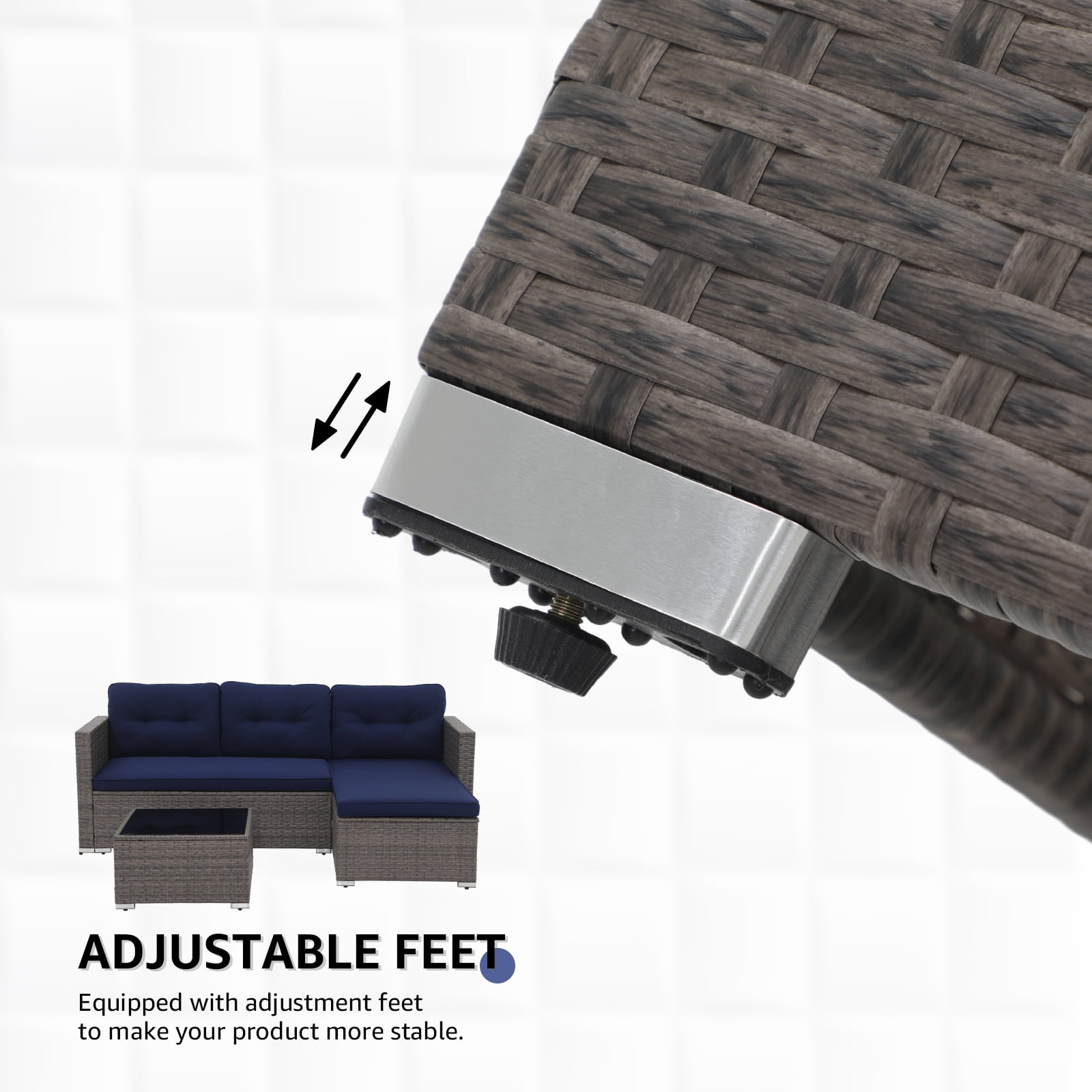 OC Orange-Casual 5-Piece Outdoor Sectional Sofa Set with Glass Coffee Table Grey Rattan & Navy Blue Cushion