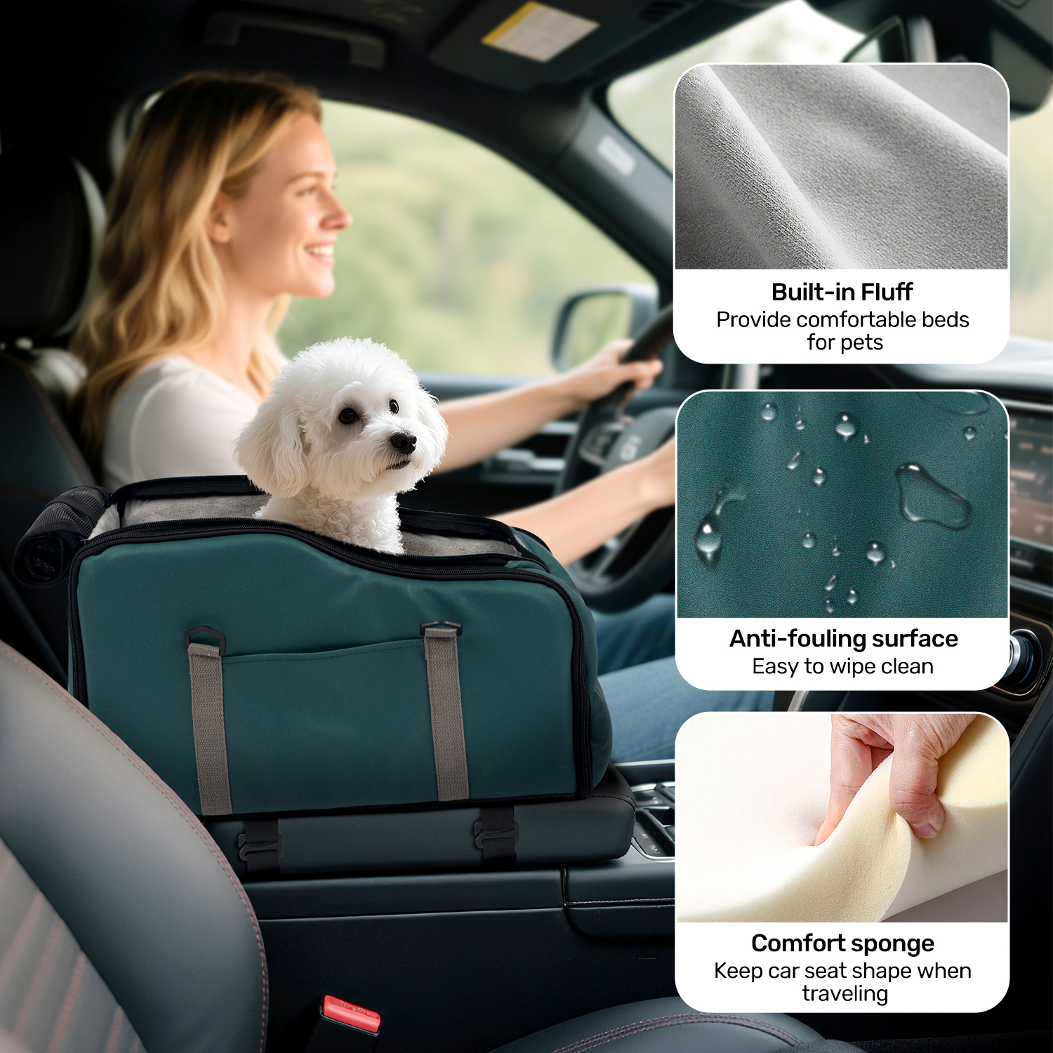 Pet Booster Seat For Cars, Dog Car Carrier With Safety Harness, Portable Travel Vehicle Pet Bed for Small Dogs, Cats Easy-Clean & Sturdy Construction, Green