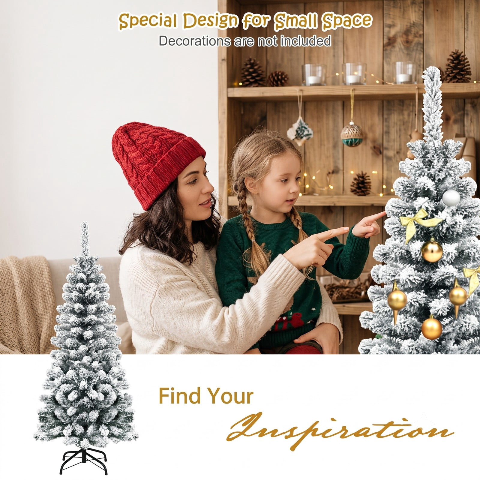 RUIE 4.5 FT Unlit Snow Flocked Artificial Pencil Christmas Tree, Hinged Slim Xmas Tree with 242 Branch Tips and Metal Stand for Indoor Holiday Decor, White & Green