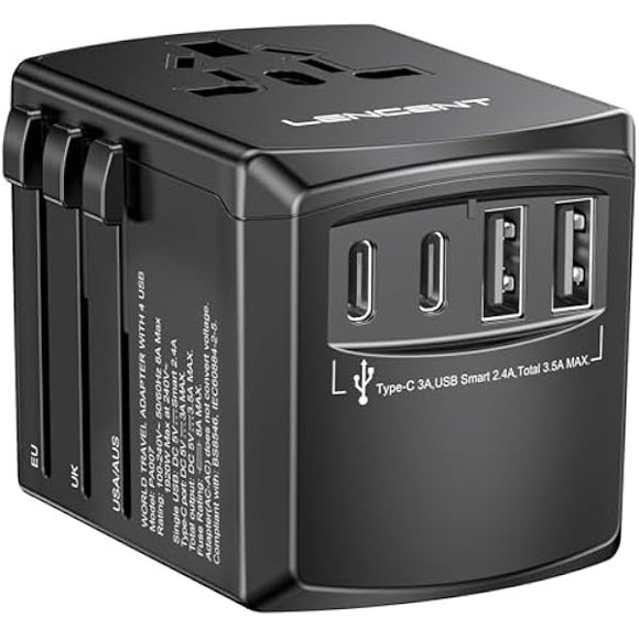 Universal Travel Power Adapter, International AC Plug Adaptor with 2 USB C 2 USB A Ports Wall Charger Worldwide Travel Essentials for US to EU UK Ireland Australia (Type C/G/A/I) Black