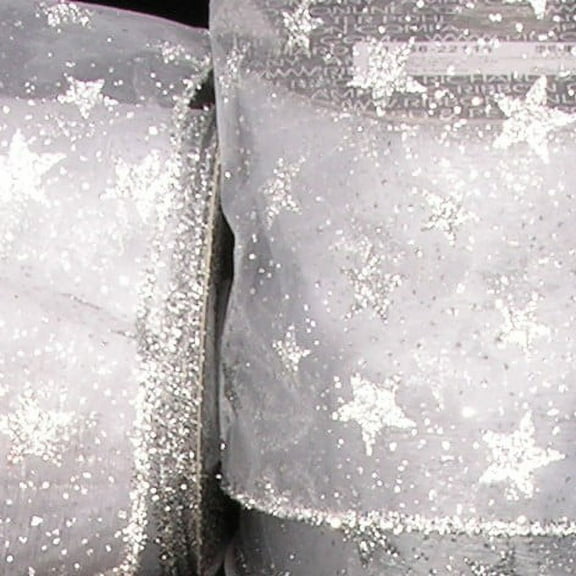 Sheer Metallic Silver Glitter Stars Wired Craft Ribbon 3" x 20 Yards