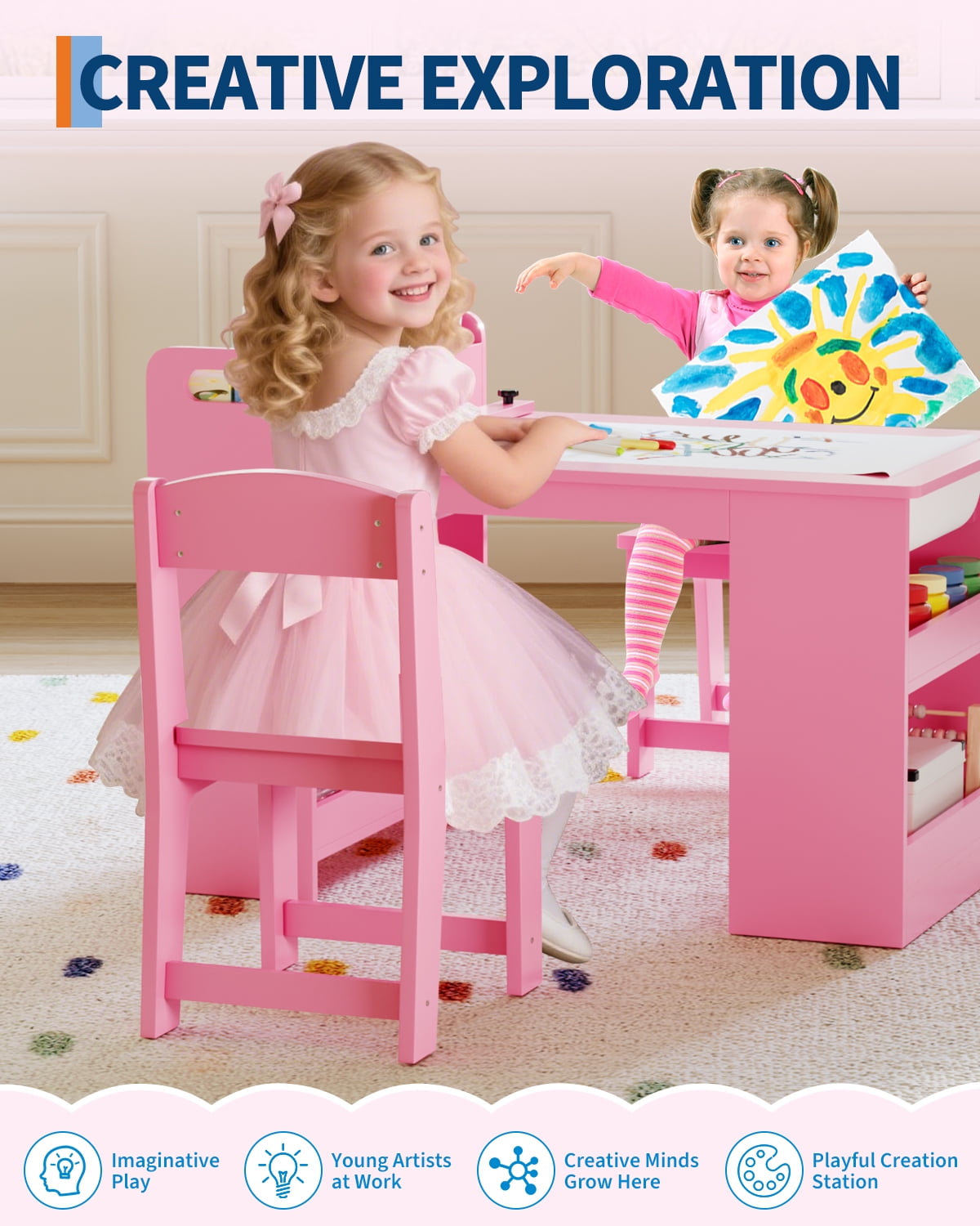 Kids Art Table and Chair Set with Storage Shelves & Paper Roll – Large Wooden Toddler Desk for Drawing, Painting, Learning – Ideal for Home, Playroom, or Study Area – Pink