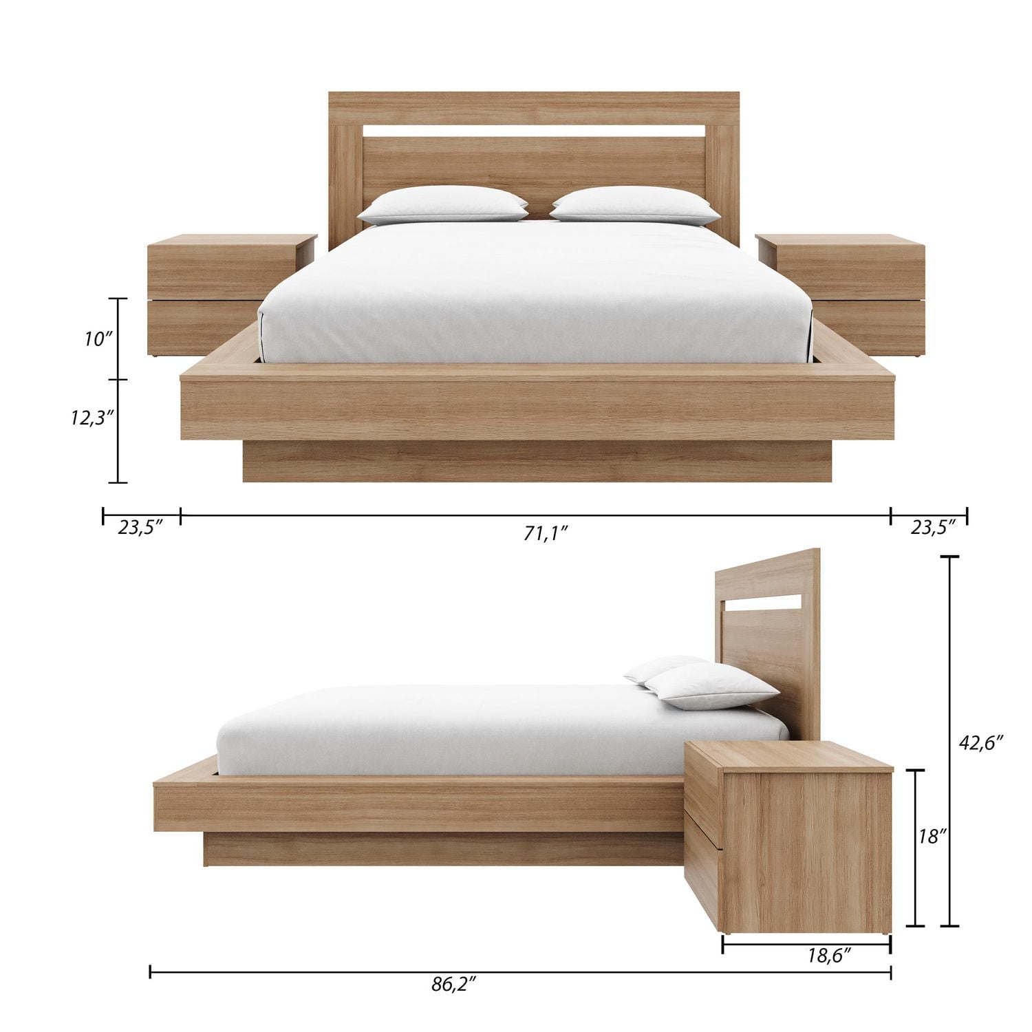 Ensemble de chambre à coucher Byron 4 pièces avec lit queen size, tête de lit et 2 tables de chevet