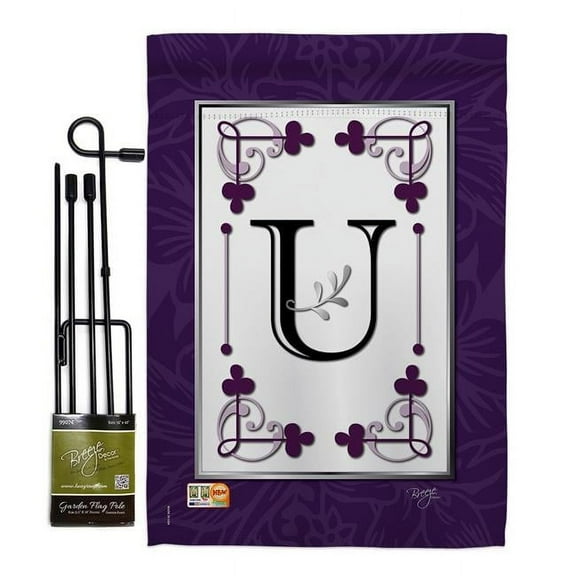 Breeze Decor BD-SB-GS-130021-IP-BO-D-US09-BD 13 x 18.5 in. Classic U Initial Interests Simply Beauty Impressions Decorative Vertical Double Sided Garden Flag Set with Banner Pole