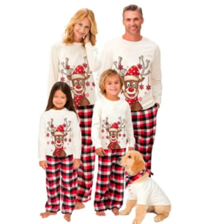

HESHENG Christmas Family Pajama Matching Set Reindeer PJs Plaid Pants Xmas Sleepwear Clothes for Kids 11-12T
