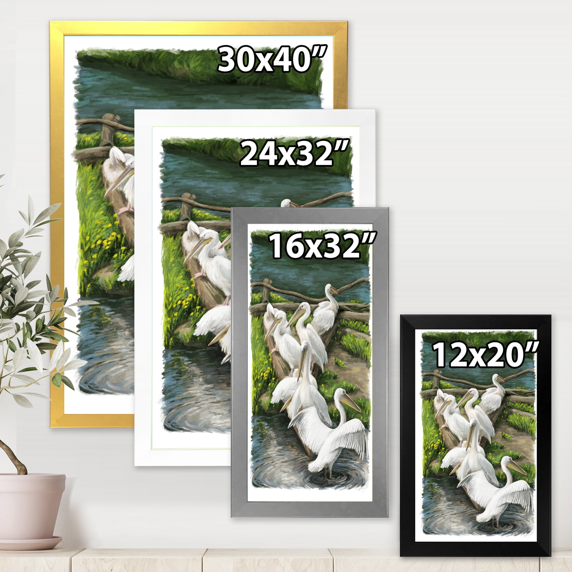 Designart 'Pelicans Resting Near The river Water' Traditional Framed Art Print