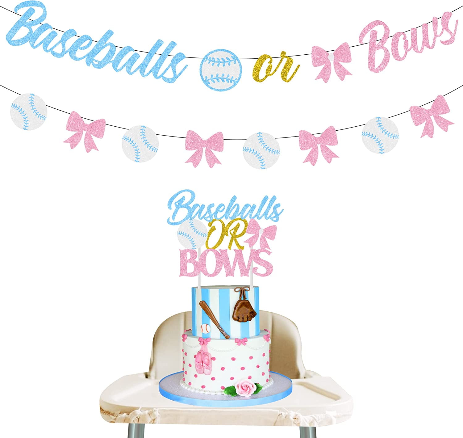 Baseballs or Bows Gender Reveal Banner Bunting Blue and Pink Baseballs