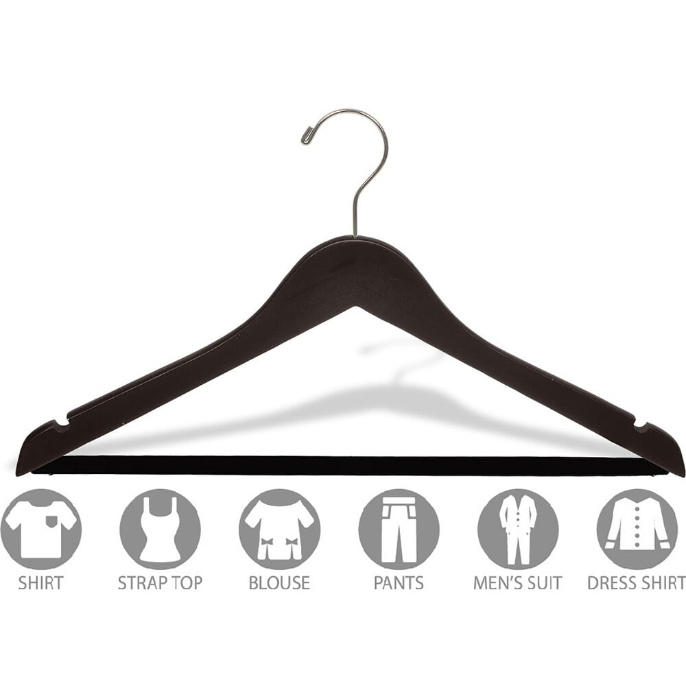 Wood Suit Hanger w/ Velvet Non-Slip Bar, Box of 50, 17 Inch Flat Wooden Hangers w/ Espresso Finish & Brushed Chrome Hook & Notches for Shirt Dress or Pants by International Hanger