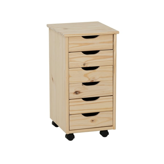 Callie 6 Drawer Rolling Storage Cart Recessed Handles in Unfinished Pine Wood