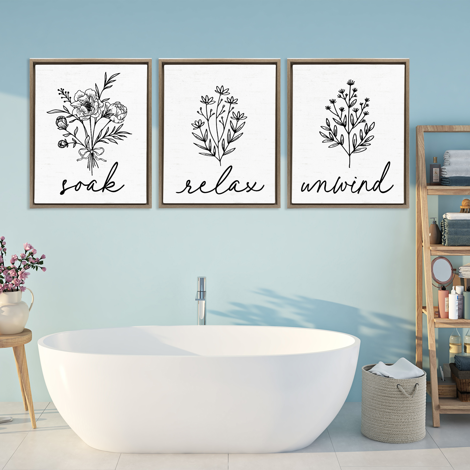 Bathroom Herbs for Relaxation 3 Piece Brown Framed Floater Canvas Set, design by Lettered and Lined
