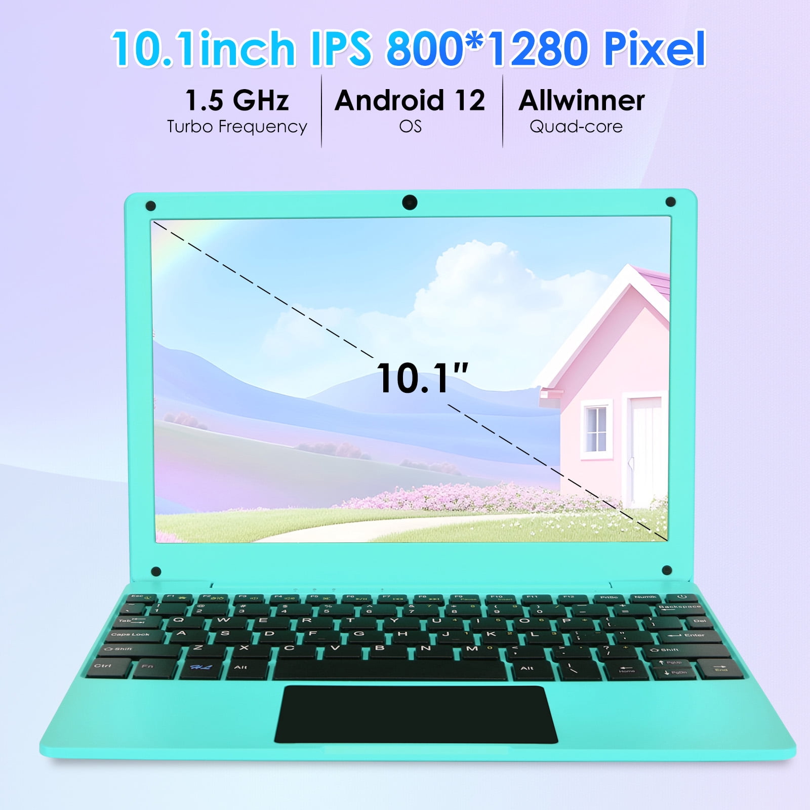 Mini 10.1inch Android 12 Laptop Computer, Portable Small Netbook with Allwinner A133 CPU Android 12 OS 2GB RAM 64GB EMMC HD IPS Screen 1280x800 Pixel 0.3MP Camera