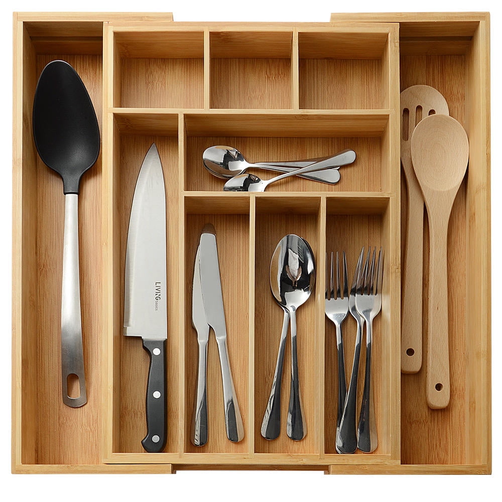 Bamboo Drawer Organizer Kitchen Cutlery Tray Expandable Utensil Flatware Storage 