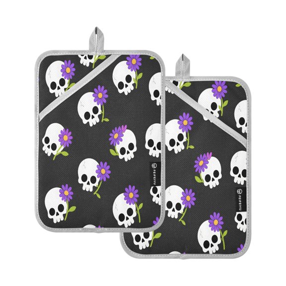 Two Pieces Of Square Heat Insulation Pad Oven Mitts Skull Head 7x9.8 Inch Oven Microwave Kitchen Cooking Baking