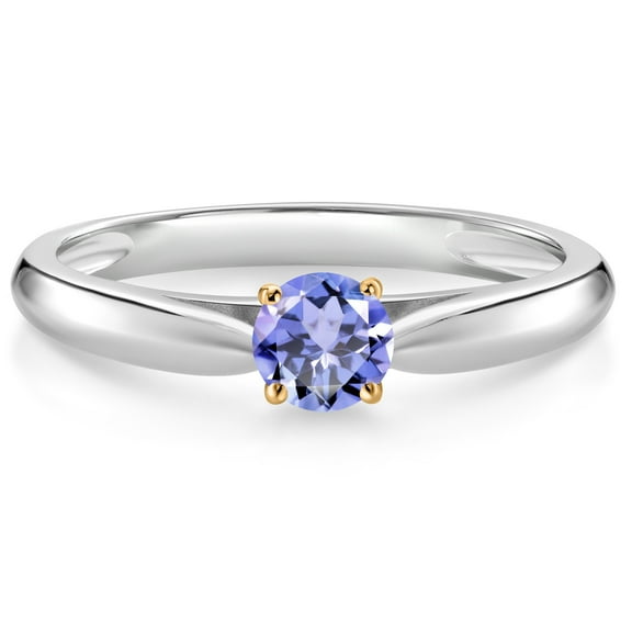 Gem Stone King 10K White and Yellow Gold Blue Tanzanite Solitaire Engagement Ring for Women (0.30 Cttw, Gemstone December Birthstone, Round 4MM, Size 8)