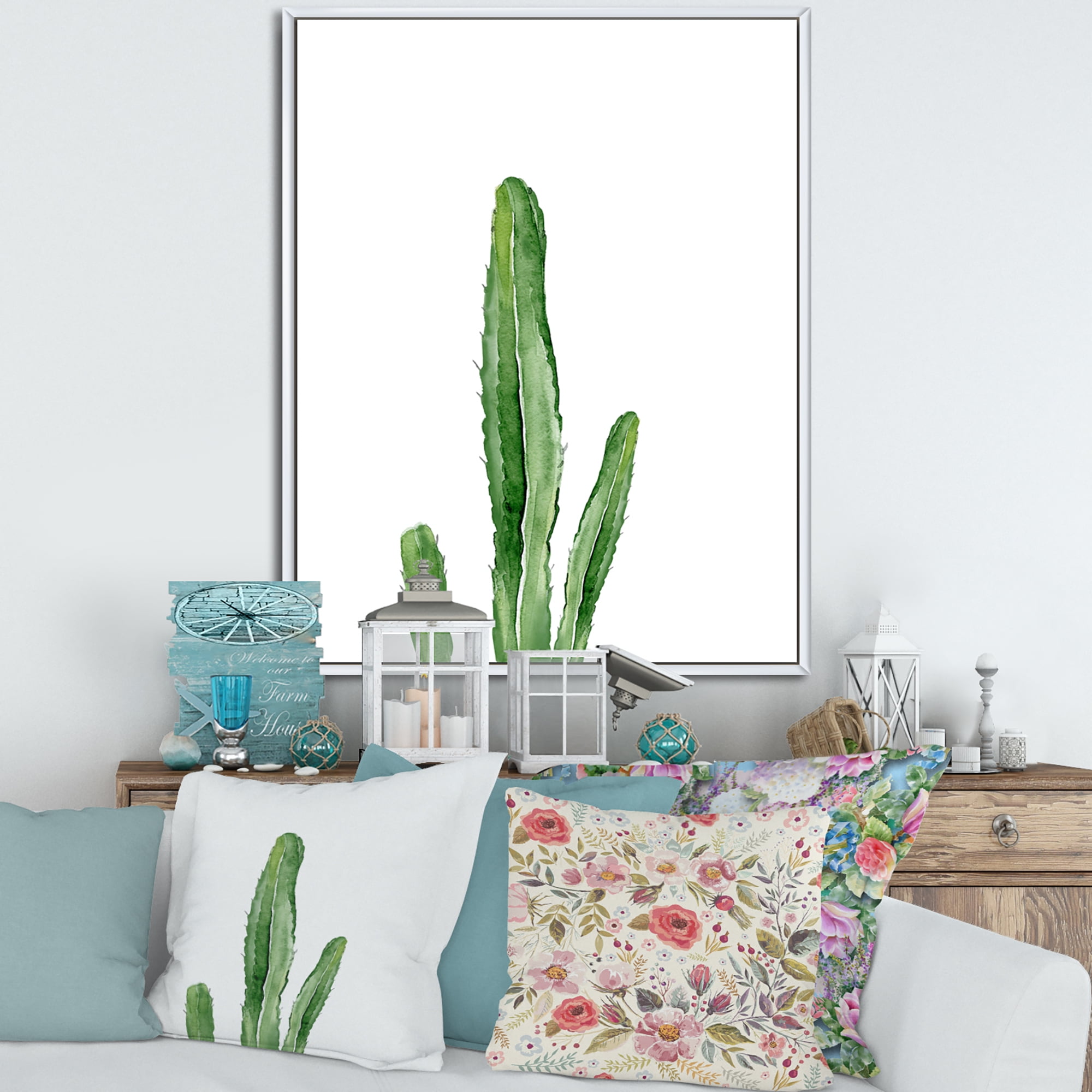 Designart 'Green Cactus South Western Plant' Tropical Framed Canvas Wall Art Print