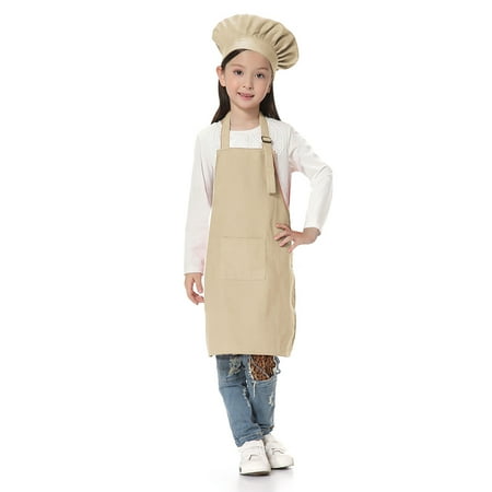 

Toptie Kids Apron and Chef Hat Set Adjustable Cotton Child Cooking Kitchen Apron S-XXL-Khaki-L