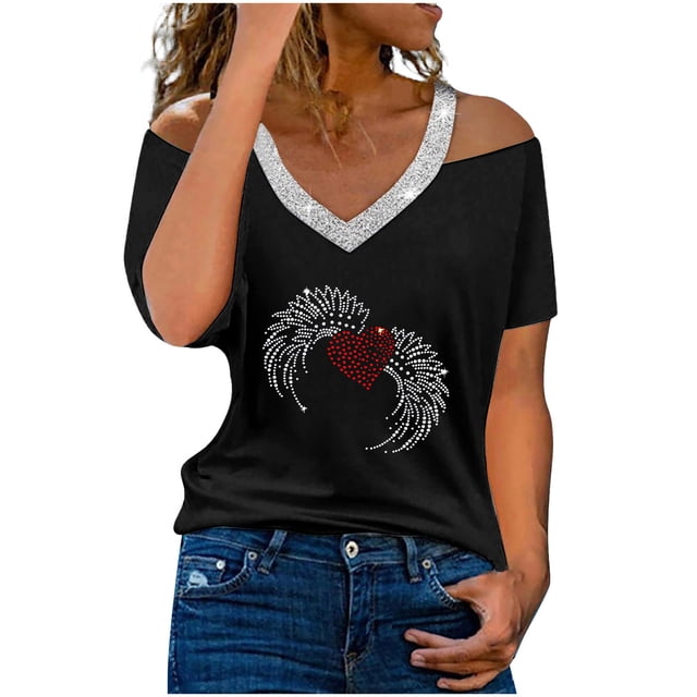 Pompotops Mode Femme Été Col en V Manches Courtes Blouse Épaules Dénudées T-Shirt Imprimé Décontracté