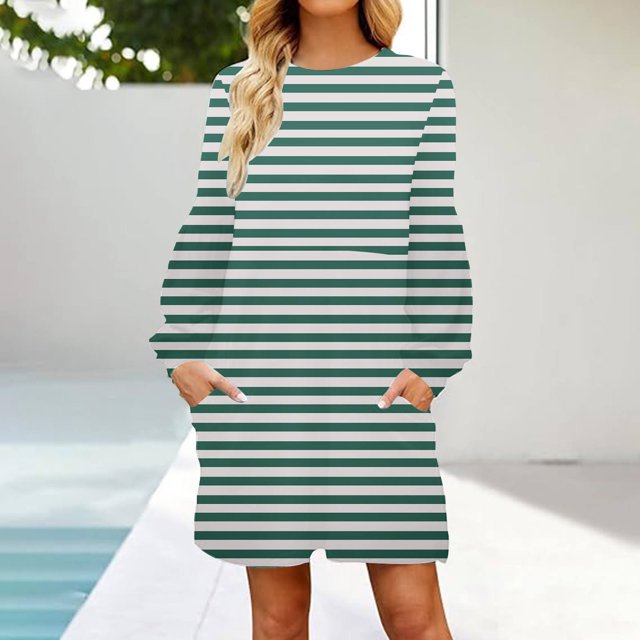 Qiopertar Vente de Liquidation Robe Mi-Mollet à Manches Courtes Col Rond Imprimé Mode pour Femmes Offres de la Semaine Moins de 5$