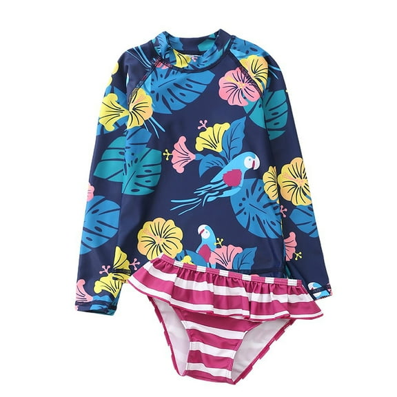 URMAGIC 1-10Y Kids Girl Long Sleeve Hawaii Jungle Rashgurad Stripe Bikini Two Piece Swimsuit