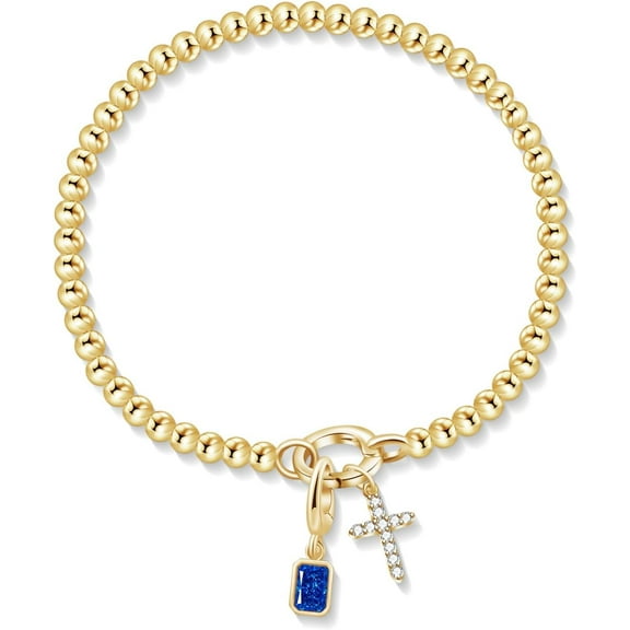 Cross Birthstone Bracelet | Dainty 14K Gold Plated Cross Charm Bracelet for Women | Stretchable Elastic Gold Beaded Bracelet | Stackable Trendy Birthstone Bracelet | Jewelry Gifts for Women