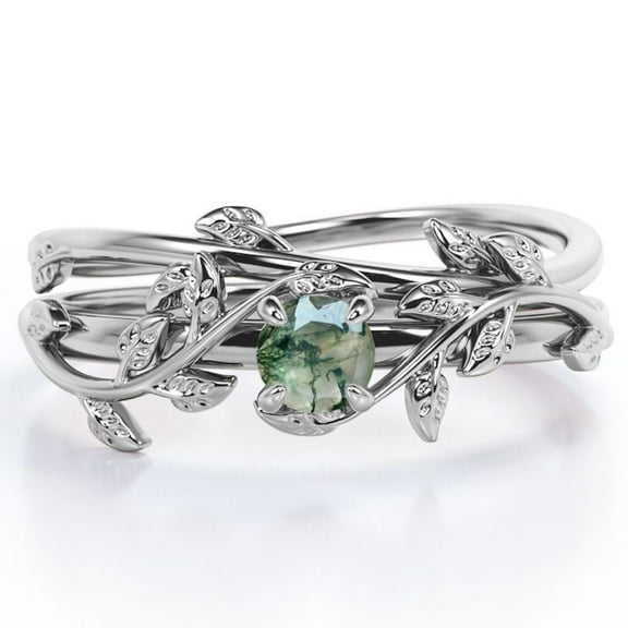JeenMata Botanical Design 0.50 Carat Round Shape Natural Scenic Moss Green Agate Solitaire Wedding Ring Set in 18K White Gold Plating over Silver