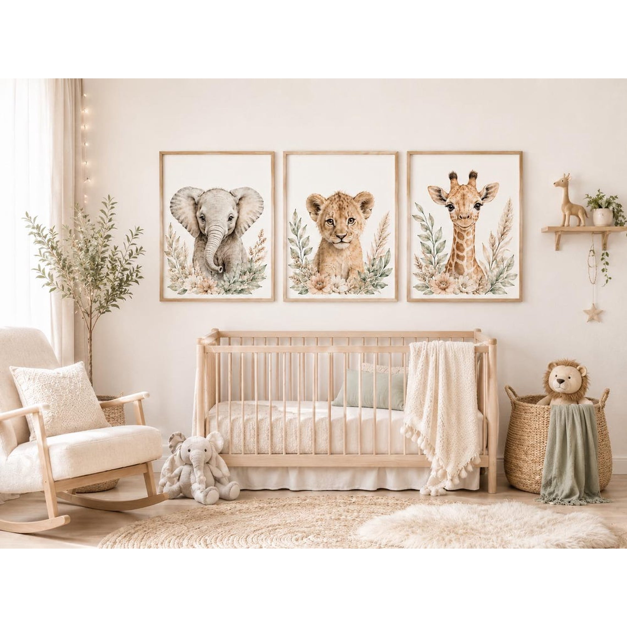Safari Nursery Wall Art Set, Elephant Lion Giraffe Prints, Neutral Boho Nursery Set
