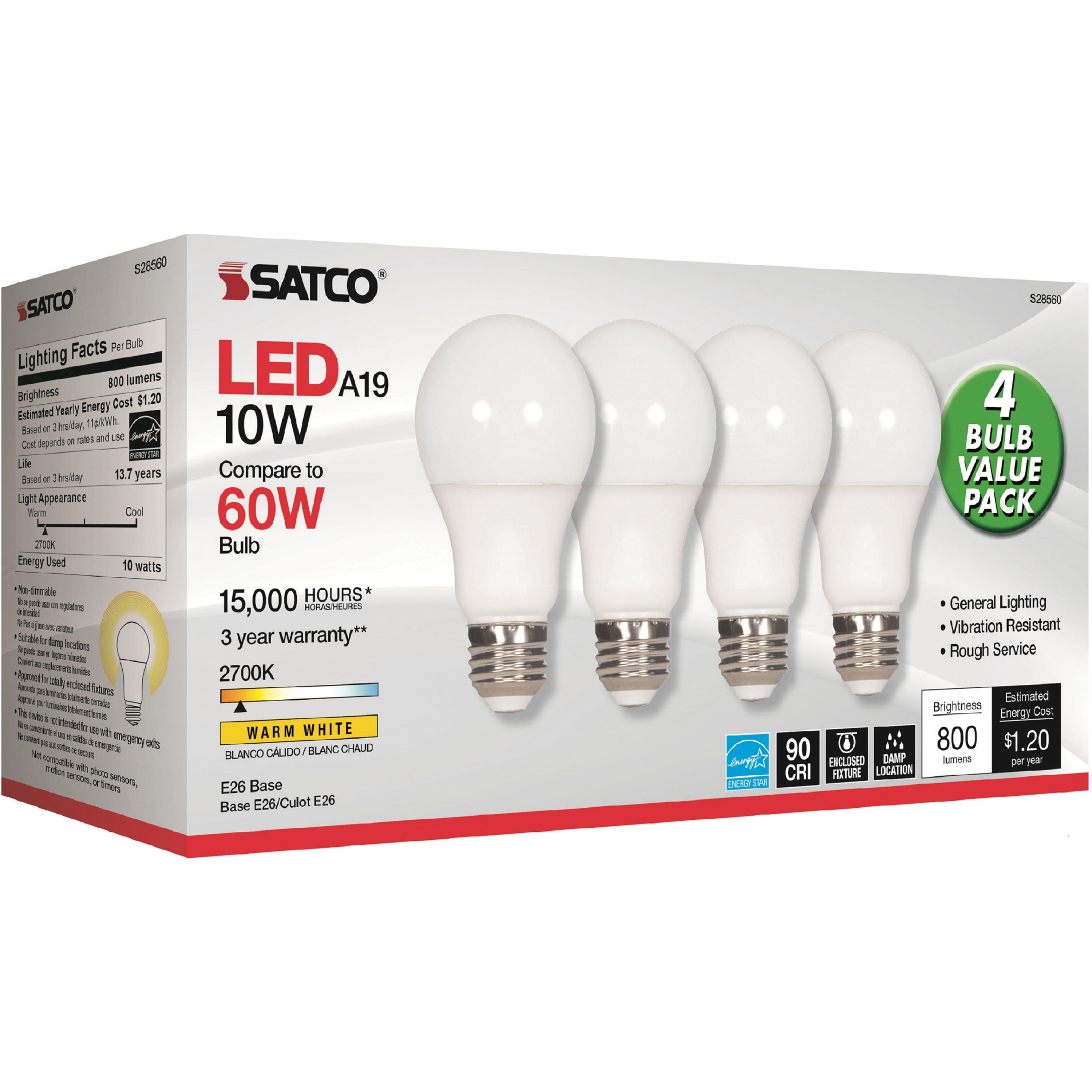 Satco 60W Equivalent Warm White A19 Medium Dimmable LED Light Bulb 4-Pack 