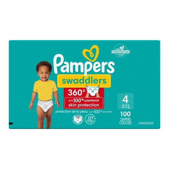 Couches Pampers Swaddlers 360°, ajustement confortable et au sec, jusqu’à 100 % sans fuites, rabats rapides, conçues pour faciliter les changements, couches à enfiler, taille 4