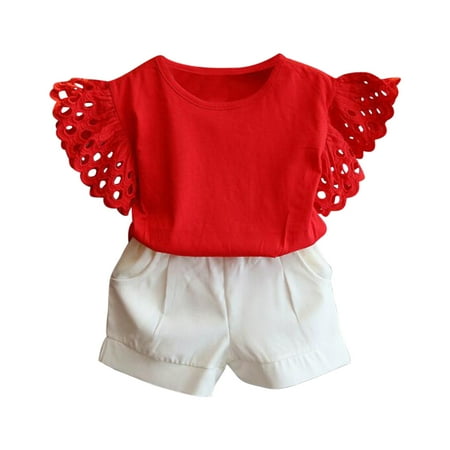 Efsteb Toddler Kids Baby Girls Outfits Clothes Hollow Sleeve Blouse Tops Shorts Suit 2PCS Set (Red 3 Years)