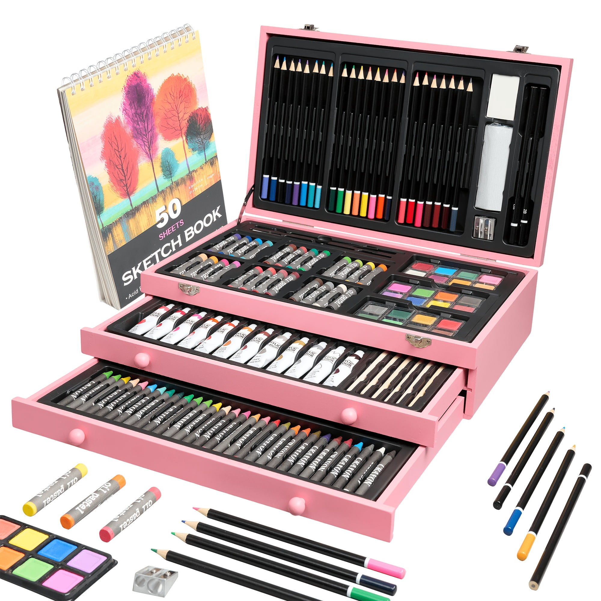 175-Piece Art Brush & Painting Supply Organizer, Portable Case for Watercolor, Crayons & Markers