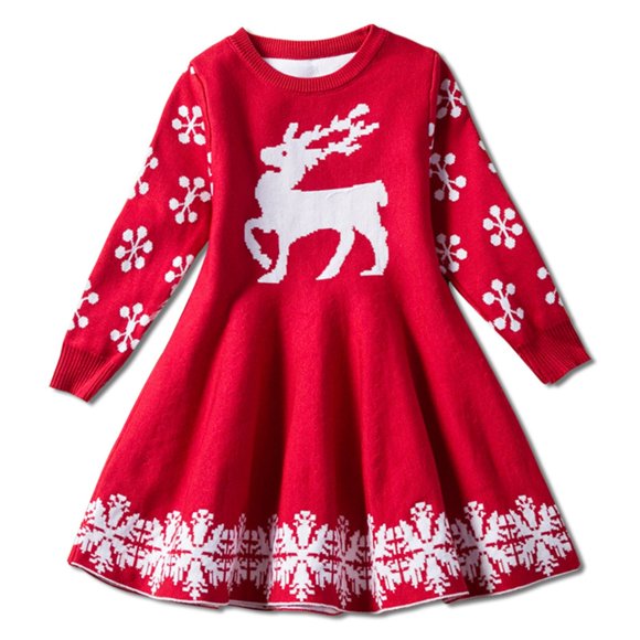 BAYAIXZ Little Girls Christmas Dress Reindeer Snowflake Xmas Gifts Winter Knit Sweater Dresses (Red,120)